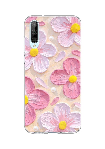 Huawei P Smart S Uyumlu Pembe Beyaz Çiçekler Sulu Boya Baskılı Silikon Kılıf