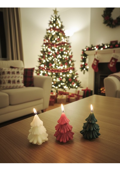 Üçlü Yılbaşı Temalı Figürlü Mini Ağaç Mum Seti-soya Wax Çam Ağacı Şekilli Yılbaşı Dekoratif Mum 6 3.5 Cm Çok Renkli