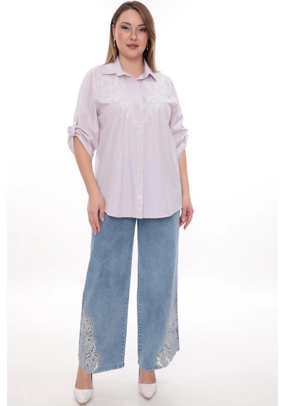 Lady Majestic Büyük Beden Cotton Nakış Detaylı Çizgili Gömlek Şık Ve Rahat Pudra