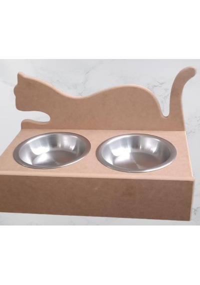 Hobi Adn 90368 Model Kedi Mama Su Kabı Ahşap Paslanmaz Tabak El Yapım