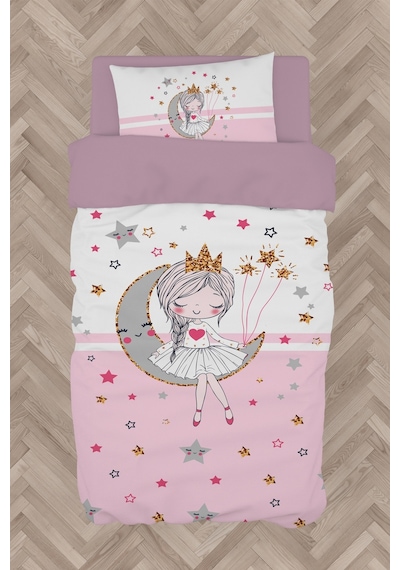 Mekta Home Bebek Ve Çocuk Odası Ayda Oturan Prenses Kız Desenli Pembe Nevresim Takımı
