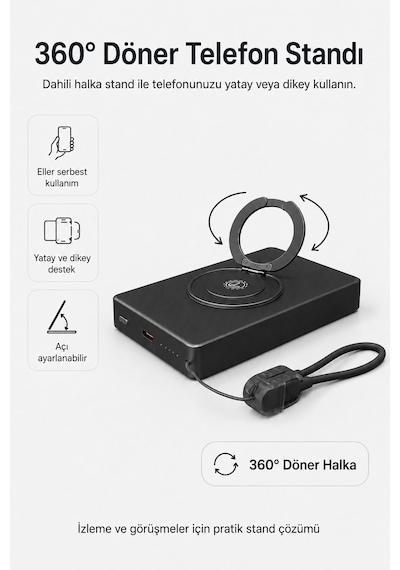 Ym307 10000 Mah Manyetik Kablosuz Powerbank 25w Pd Hızlı Şarj, 15w Kablosuz Şarj Ve 360 Döner Stand Siyah