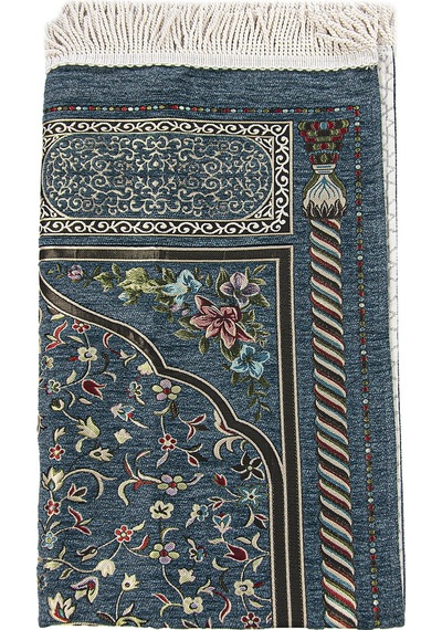 Turkuaz Çiçekli Ravza Desenli Astarlı Şönil Seccade 001