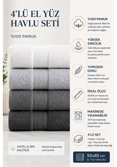4 Lü El Yüz Havlu Seti %100 Pamuklu 50x85 Cm Aura Antrasit