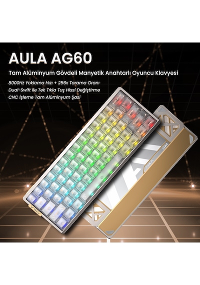 Aula Ag60 Alüminyum Manyetik Klavye Hall Effect Snowglow Switch 8000hz Rgb Tkl Hot Swap Oyuncu Klavyesi Şeffaf