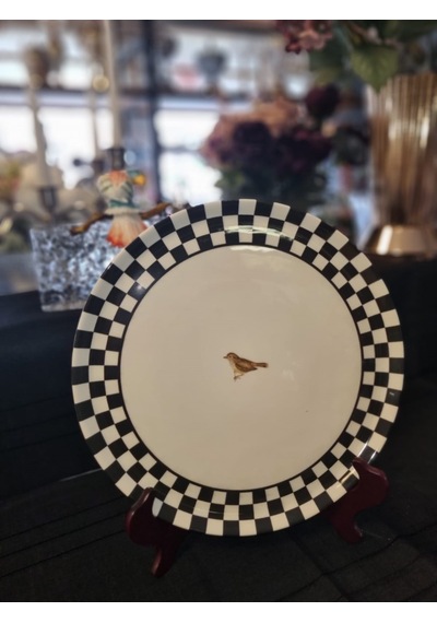 Damalı Kuşlu Sunum Tabağı 30cm Beyaz - Siyah