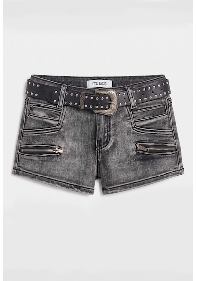 Kadın Koyu Füme Mini Kemer Dahil Özel Tasarım Denim Şort Siyah