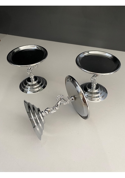 3'lü Atlı Gümüş Lokumluk, Çay Ve Kahve Yanı Sunumluk, Metal Şekerlik, Makaronluk Gümüş