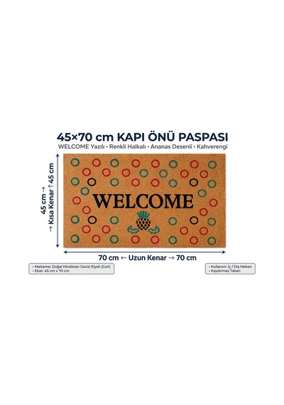 Coco Cc014a Welcome Ananas Desenli Kalın Kaymaz Taban Nem Alıcı Şık Tasarım Kapı Önü Paspası 45x75 Cm Bej