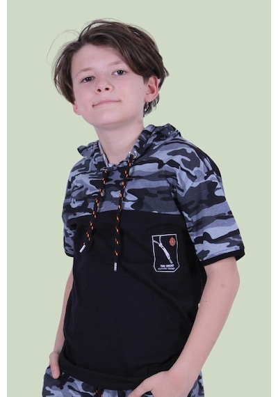 Panios Kids Kapşonlu Kamuflaj Desen Erkek Çocuk T-shirt Gri