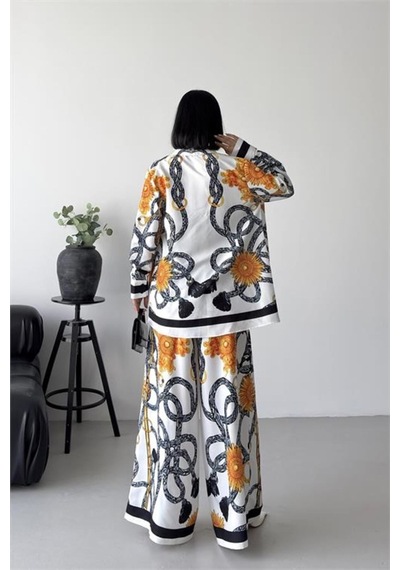 Neşeli Butik Kadın Beyaz Zincir Desenli Gömlek Pantolon İkili Tasarım Takım Nbms26116