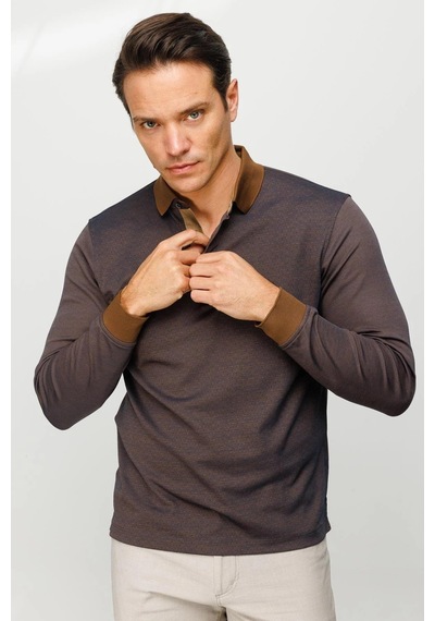 Desen Triko Erkek Polo Yaka Jakarlı Minik Desenli Sweatshirt Kahve Kahve