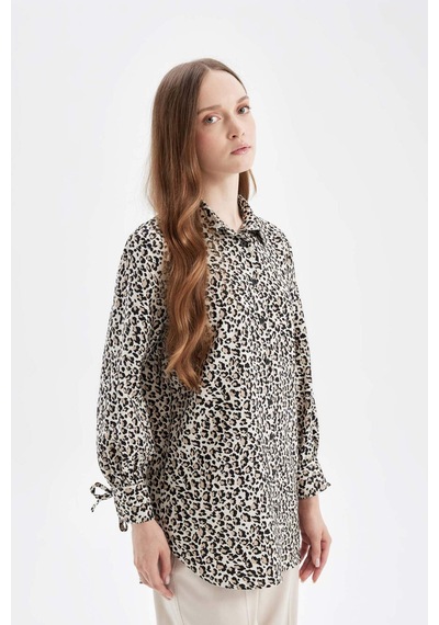Defacto Relax Fit Leopar Desenli Uzun Kollu Gömlek Tunik D2608AX24AUBG702 Bej