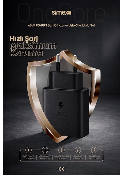 Simex Samsung S22-s23-s24-s25-s26 Uyumlu 45w Usb-c Şarj Seti Aleti Cihazı Adaptörü 5a Kablo Sps-18