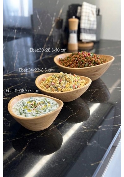 3'lü Bambu Kase Seti - Salata Ve Meyve Kasesi - Doğal Ahşap Sunum Takımı Diğer
