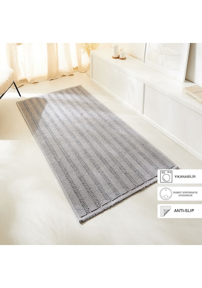 Ocean Home Textile Yıkanabilir Pamuklu Gri Renk Çizgi Desen Kilim 120 X 180 Cm Gri