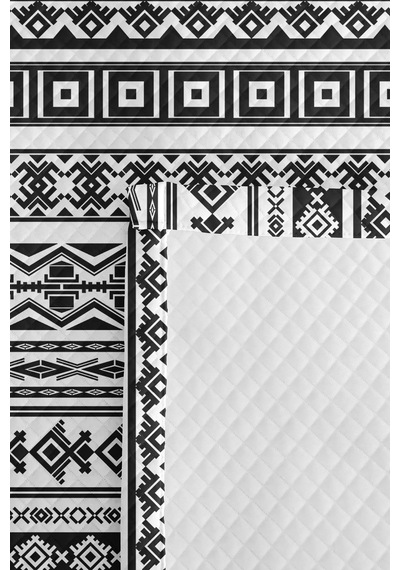 Siyah Geometrik Etnik Genç Odası Tek Kişilik Pike Takımı - Modern 160x220 Cm Kapitone Yatak Örtüsü Kumlu Anı Perdesi