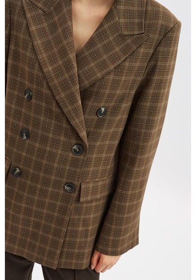 Manuka Kruvaze Ekose Blazer Ceket Kahverengi Aw25ckt00017-122 Kahverengi