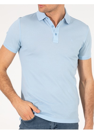 Buz Mavisi Polo Yaka Slim Fit Basic Merserize T-shirt Acık Mavı