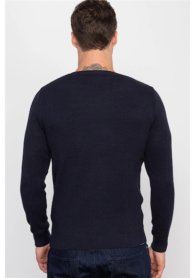 Tudors Slim Fit Dar Kesim Bisiklet Yaka Petek Desenli Erkek Kazak-1964 Lacivert