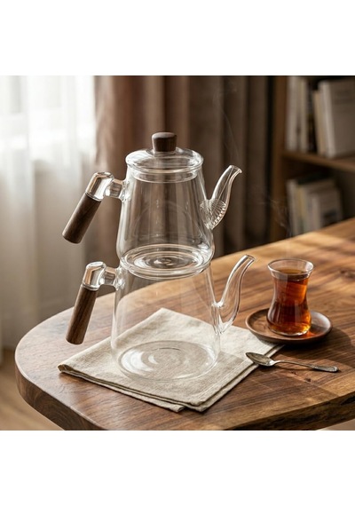 1000 Ml + 750 Ml Akasya Ahşap Kulplu Cam Çaydanlık Takımı - Isıya Dayanıklı Borosilikat Pürüzsüz Şeffaf Tasarım, Yaylı Süzgeçli Lüks Çaydanlık Çok Renkli