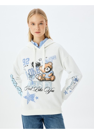 Koton Kolej Baskılı Kapüşonlu Oversize Sweatshirt Ekru 5wal10835ık Ekru