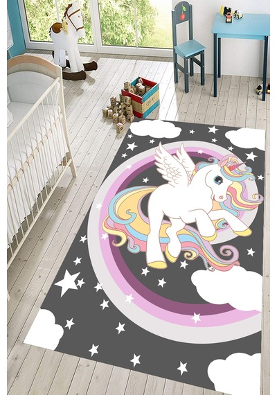 Dijital Baskılı Gri Unicorn Desenli Dekoratif Yıkanabilir Kaymaz Taban Çocuk Halısı Çok Renkli