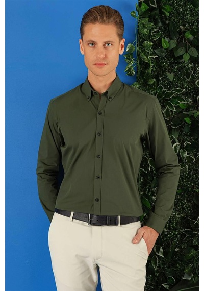Efor Slim Fit Düğmeli Yaka Pamuklu Klasik Haki Gömlek Gk 715 Haki