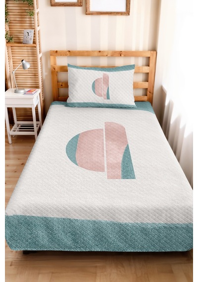 Geometrik Bohomian Mint Genç Odası Tek Kişilik Pike Takımı - Pudra Pastel 160x220 Cm Yatak Örtüsü Narin Taş Dengesi