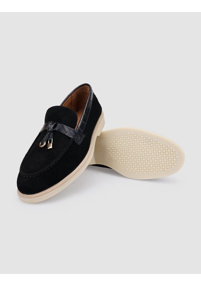 Hakiki Deri Siyah Süet Kadın Loafer Siyah