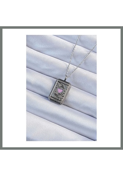 Bezos 316l Çelik Zincir Eskitme Gümüş Renk Pembe Mineli Kalp Figürlü Tarot Kolye Mmbz