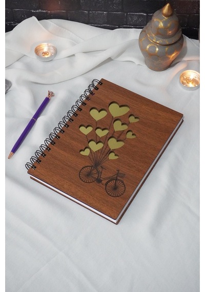 A5 Spiralli Balonlu Bisiklet Ahşap Defter - Günlük - Çizgisiz Defter Ahşap Rengi Ceviz A5 Notebook