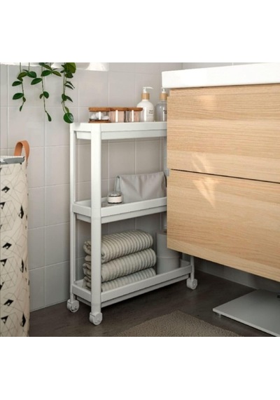 Tekerlekli Dikdörtgen 3 Katlı Raf Ünitesi - Banyo Mutfak Düzenleyici Organizer Raf - Modern Shelf Unit Beyaz Diğer