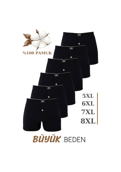 Arma Yıldız 6'lı Paket Erkek Siyah Geniş Kalıp Büyük Beden Boxer Battal Boy İç Giyim %100 Pamuklu Siyah
