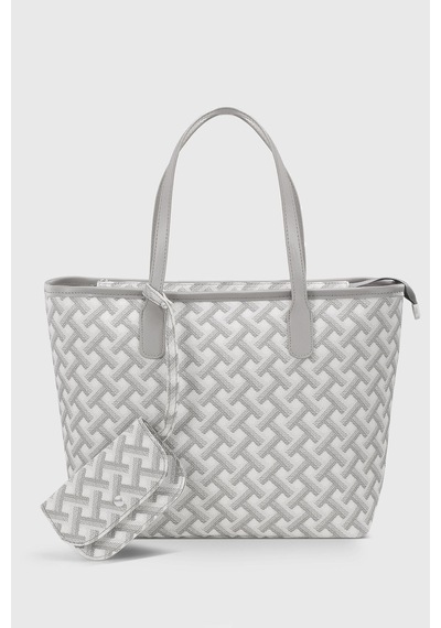 Housebags Cüzdan Aksesuarlı Gri Geometrik Desenli Büyük Kapasiteli Suya Dayanıklı Shopper Çanta 282 GRİ
