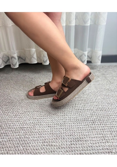 Asmi Shoes Kadın Eleni Kahve Süet Çift Tokalı Rahat Taban Terlik