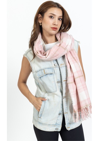 Ladycolor Ekoseli Yünlü Omuz Şalı - 70x200 Cm - Dayanıklı Akrilik Pembe