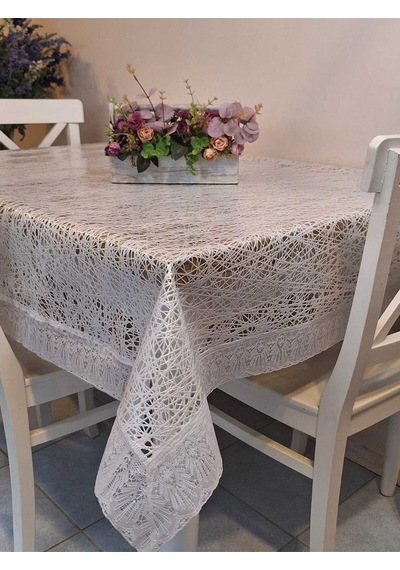 Dantel Kenarlı 120x150 Cm Pvc Muşamba Silinebilir Örümcek Ağı Desenli Masa Örtüsü Beyaz