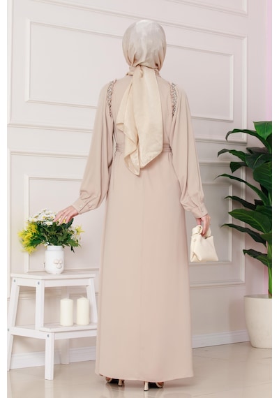 Sevitli Omuzu Taş Detaylı Rose Elbise-bej-4778 Bej