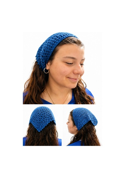 Kadın El Örgüsü Saç Bandanası Bohem Bone Yazlık Kombin Bandana Saç Aksesuarı Mavi Renk Beyaz