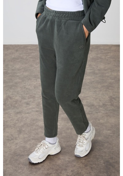 Tommy Life Haki Kalın Yumuşak Dokulu Kapüşonlu Oversize Nakışlı Polar Kadın Eşofman Takım -95338 Haki