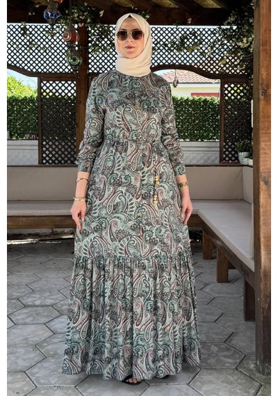 Rabia Şamlı Rengin Şal Desenli Gömlek Elbise Yeşil Normal
