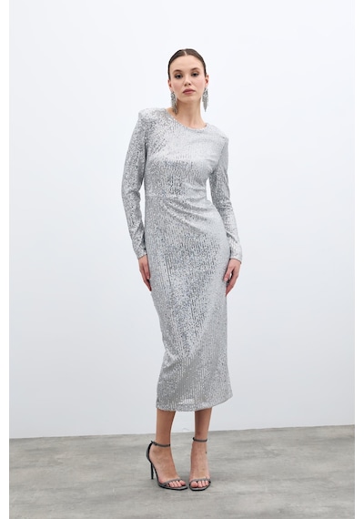 Sateen Sırt Dekolteli Payet Elbise - Gümüş-135581 Gümüş