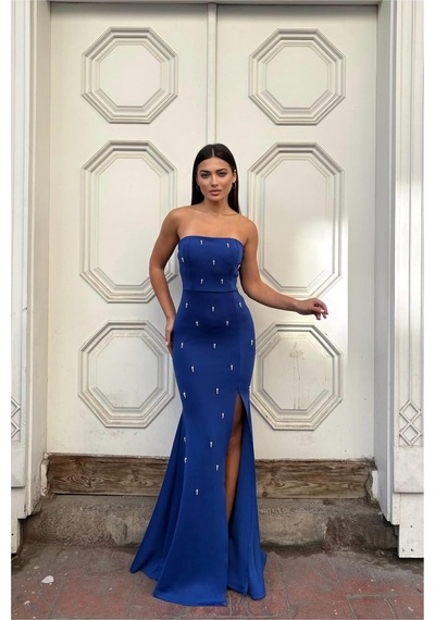 DefyModa Kadın Scuba Esnek Kumaş Straplez Pile Detaylı Abiye Elbise Saks