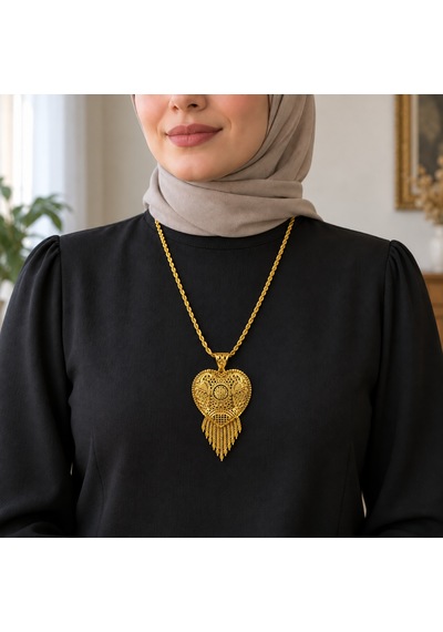 Gold Renk Otantik Hint Modeli Kalp Motifli Sallantılı Uzun Kadın Kolye 60+5 Cm Renkli