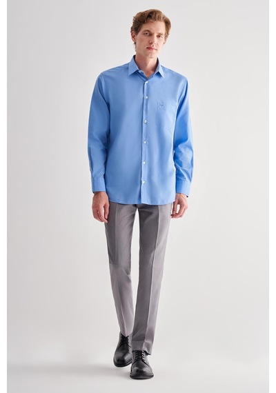 İmza Saks Sert Yaka Uzun Kol Easy To Iron Comfort Fit Pamuklu Gömlek 1004255182 - Saks