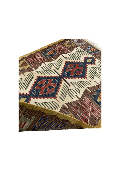 El Dokuma Uşak Kilimi 94x123 Krem Kahve Kök Boya %100 Yün Kilim