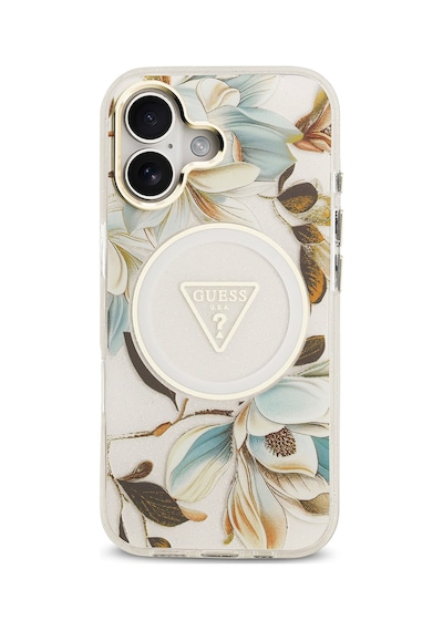 Apple Uyumlu iPhone 17 Kılıf Guess Lisanslı M-safeli Simli Çiçek Desen Metal Kamera Çerçeveli Üçgen Logolu Beyaz Beyaz