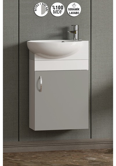 Lale 45 Cm Beyaz-sis Gri Mdf Seramik Lavabolu Asma Alt Banyo Dolabı