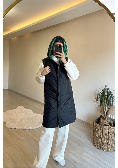 Neşeli Butik Kadın Çift Taraflı Kapüşonlu Şişme Yelek Nm017 Yeşil